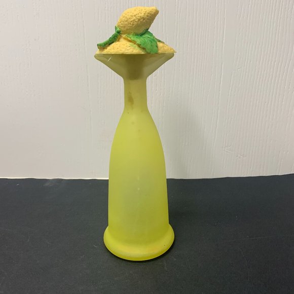 Frosted  Canary Yellow Glass Vase with Ceramic Lemon Topper 7 1/2" - Picture 1 of 5